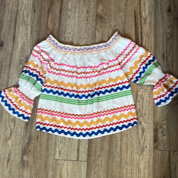 Flying Tomato multi color, ric rac patterned, off the shoulder top. - Picture 1 of 8